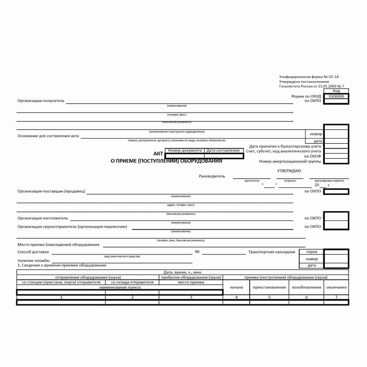 Унифицированная форма первичной учетной документации № ОС-14 "Акт о приеме (поступлении) оборудования" (ОКУД 0306006). Лицевая сторона