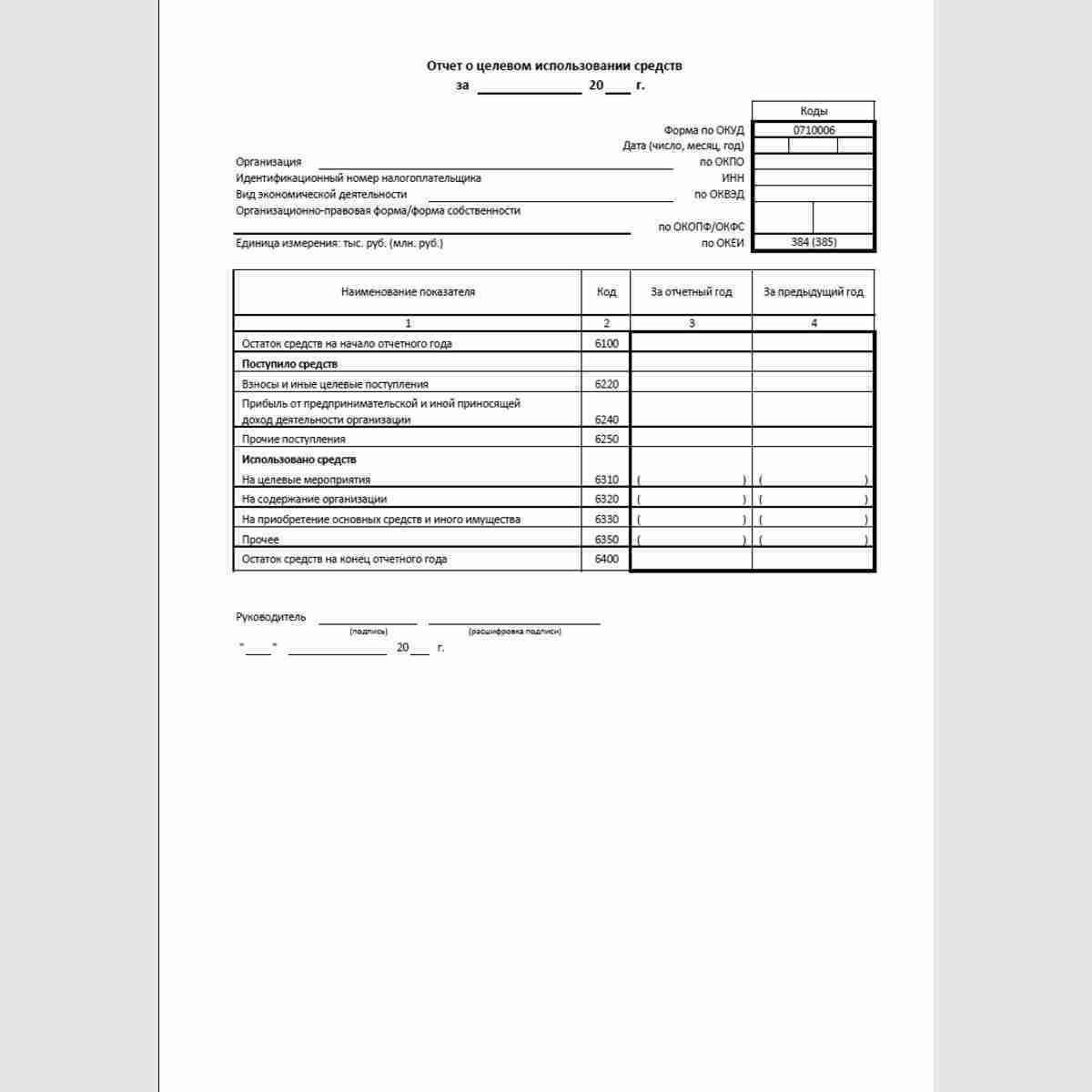 Упрощенная форма "Отчет о целевом использовании средств" (ОКУД 0710006)
